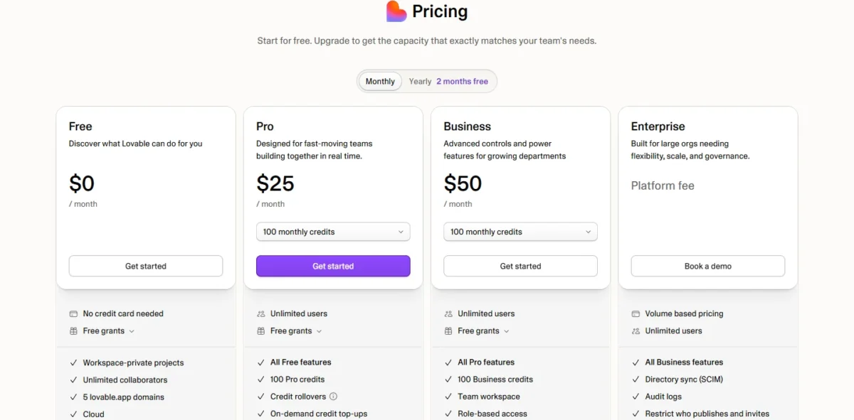 Lovable pricing page with Pro at $25 and Business at $50 a month