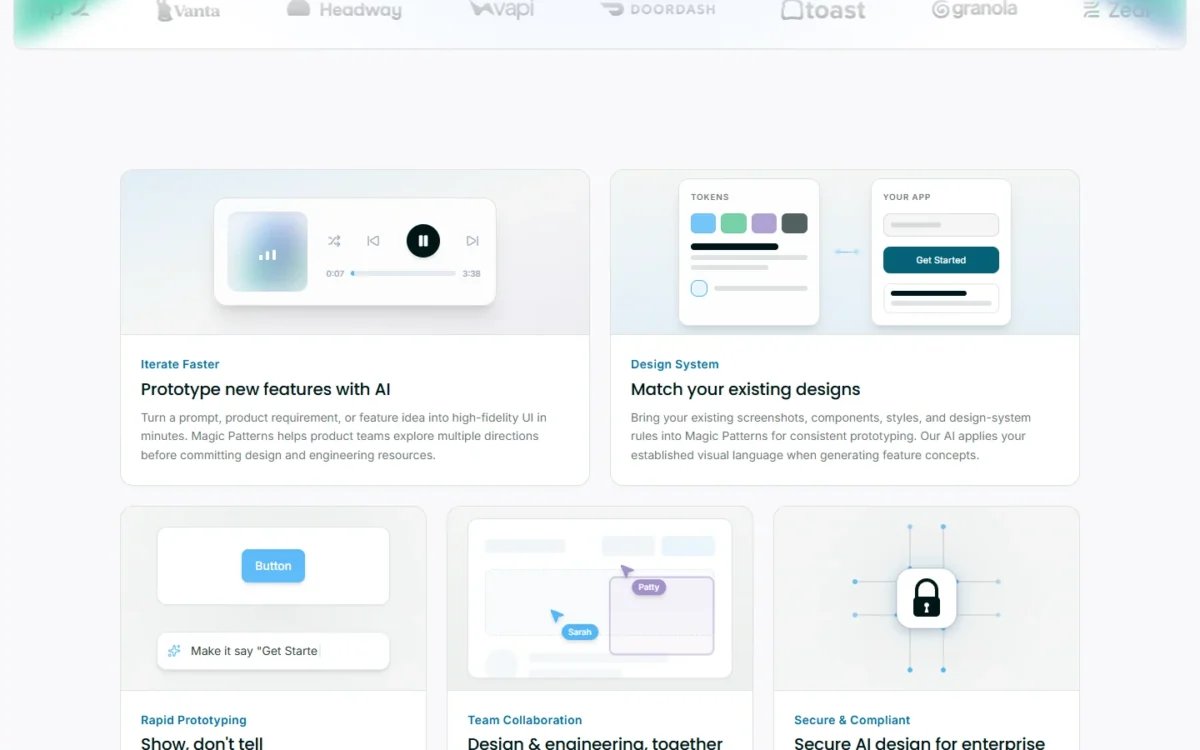 Magic Patterns feature cards for prototyping with AI and matching existing designs