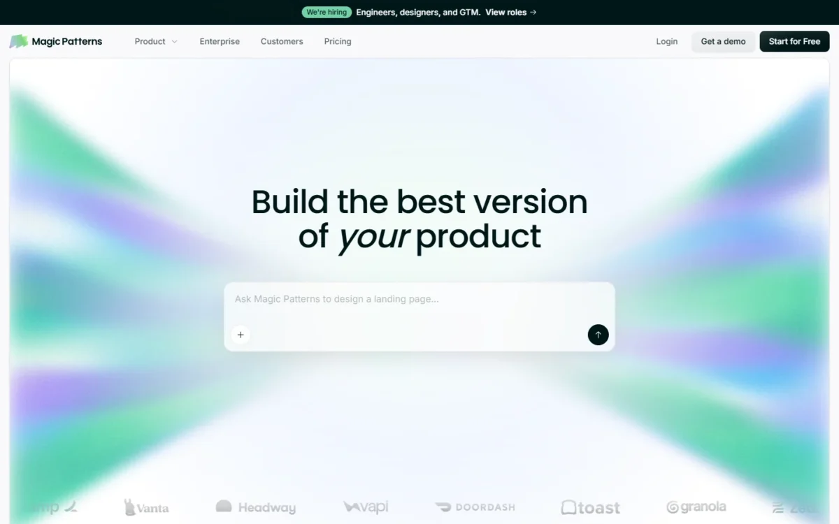 Magic Patterns homepage with a prompt box