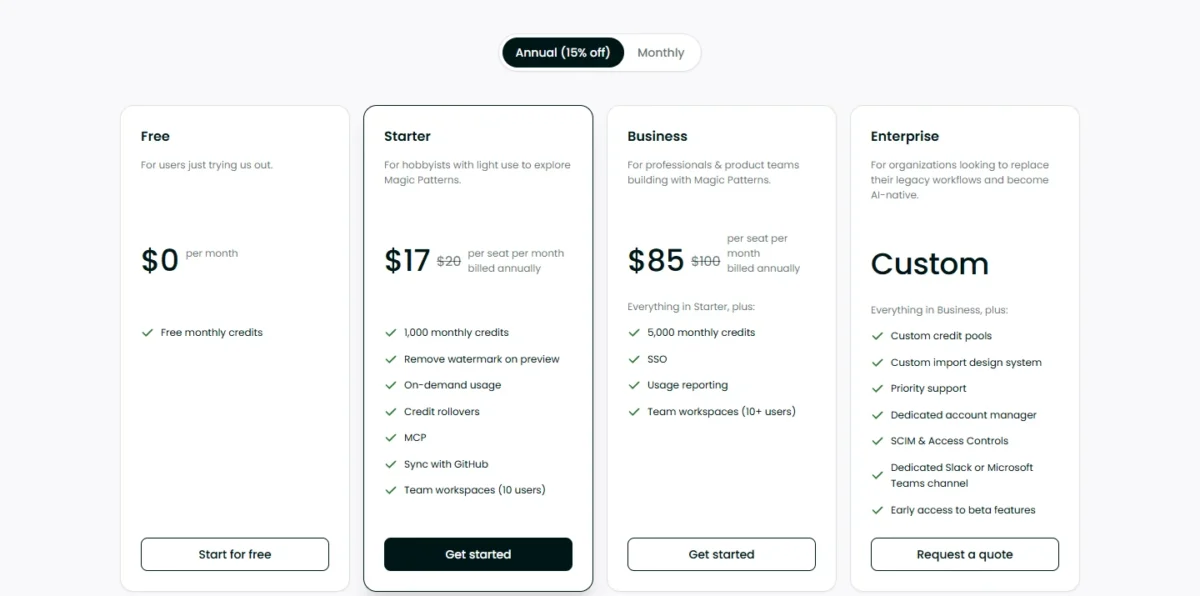 Magic Patterns pricing page with Starter at $17 and Business at $85 per seat a month