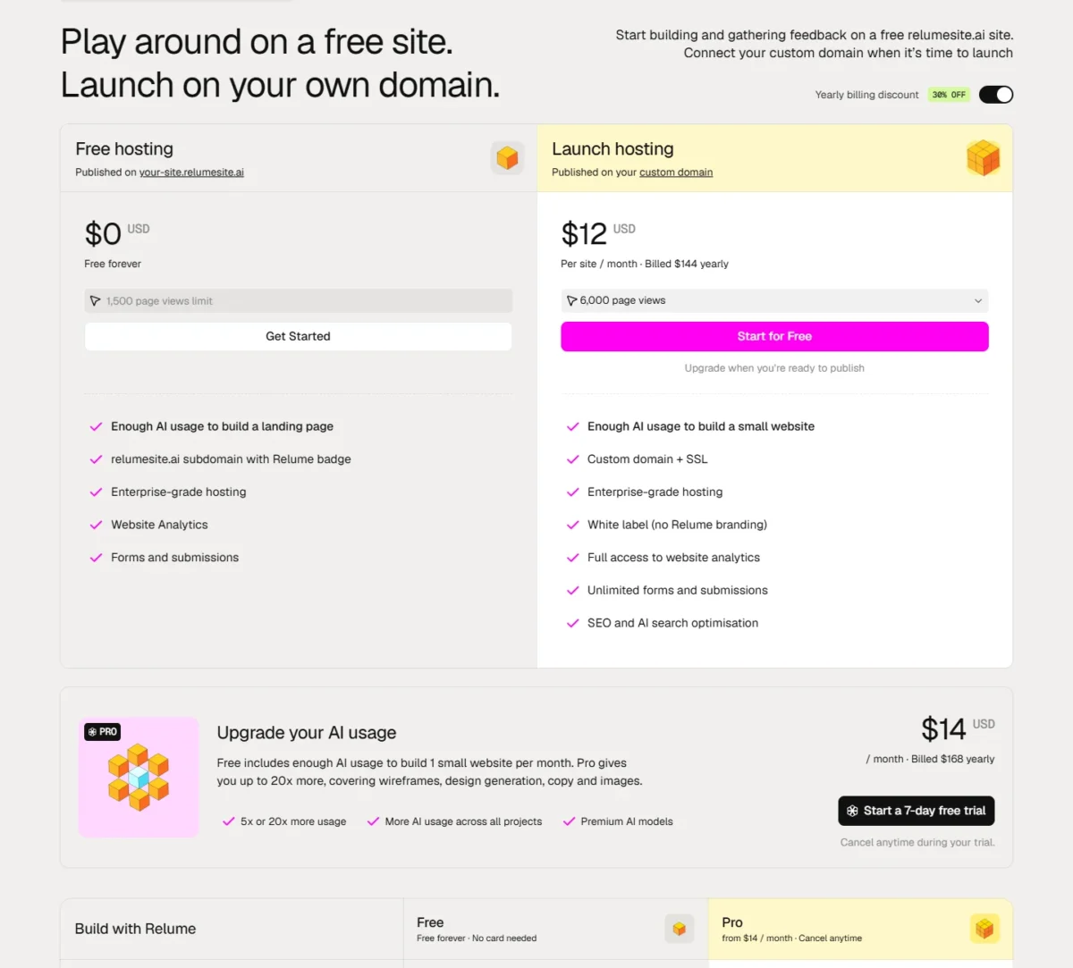 Relume publish pricing with Launch hosting at $12 per site a month