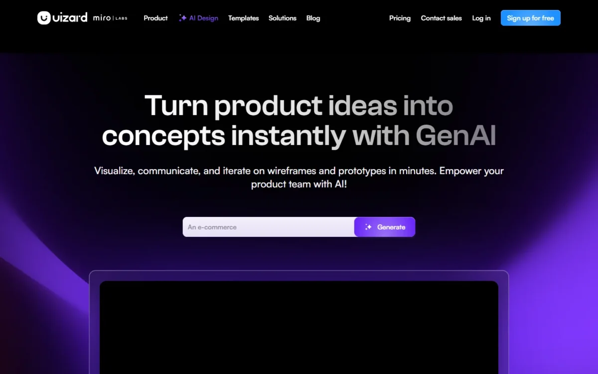 Uizard homepage with a product idea prompt box