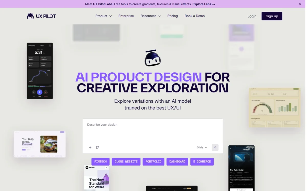 UX Pilot homepage with a design prompt box