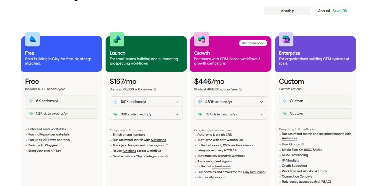 Clay pricing page, plan cards