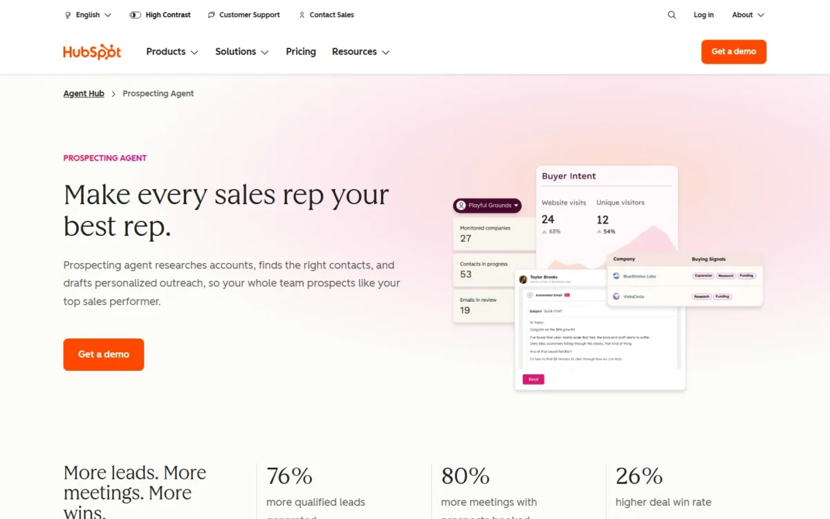 HubSpot Prospecting Agent product page, first screen