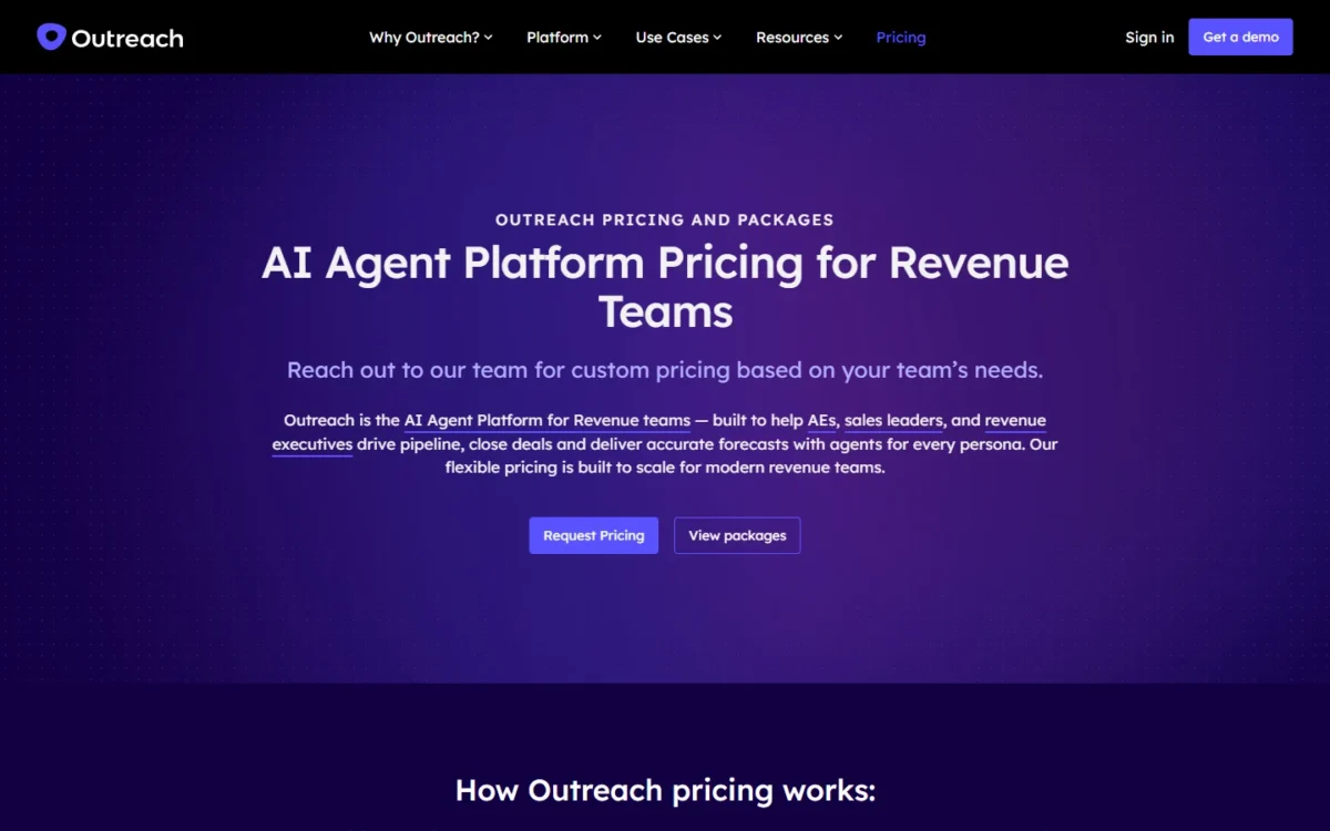 Outreach pricing page, first screen
