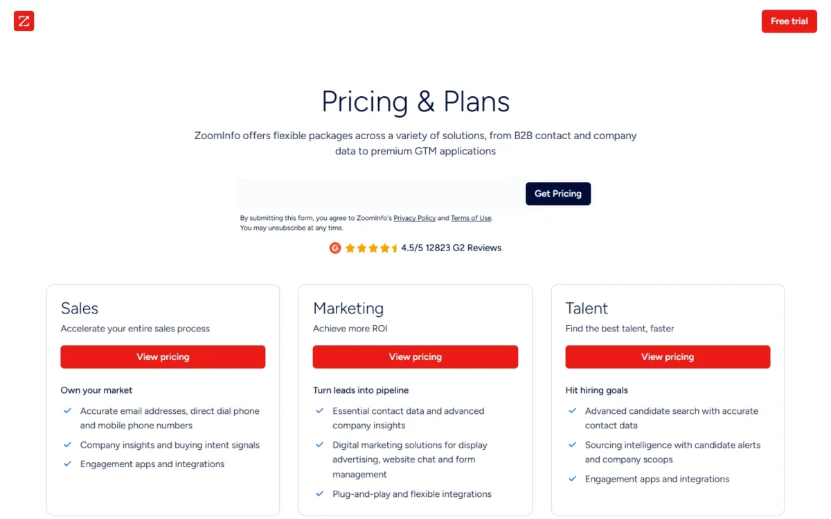 ZoomInfo pricing page, first screen