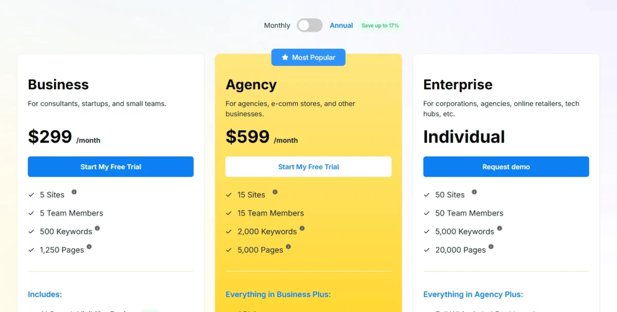 Alli AI pricing page with Business, Agency and Enterprise plans on monthly billing