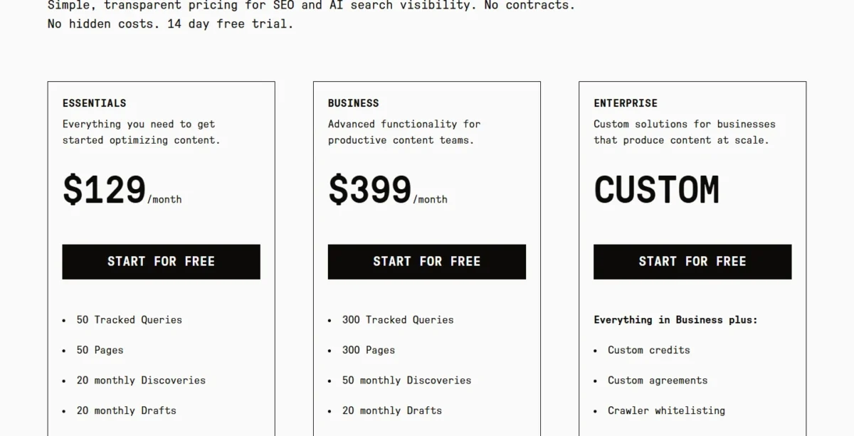 Clearscope pricing page with Essentials, Business and Enterprise plans