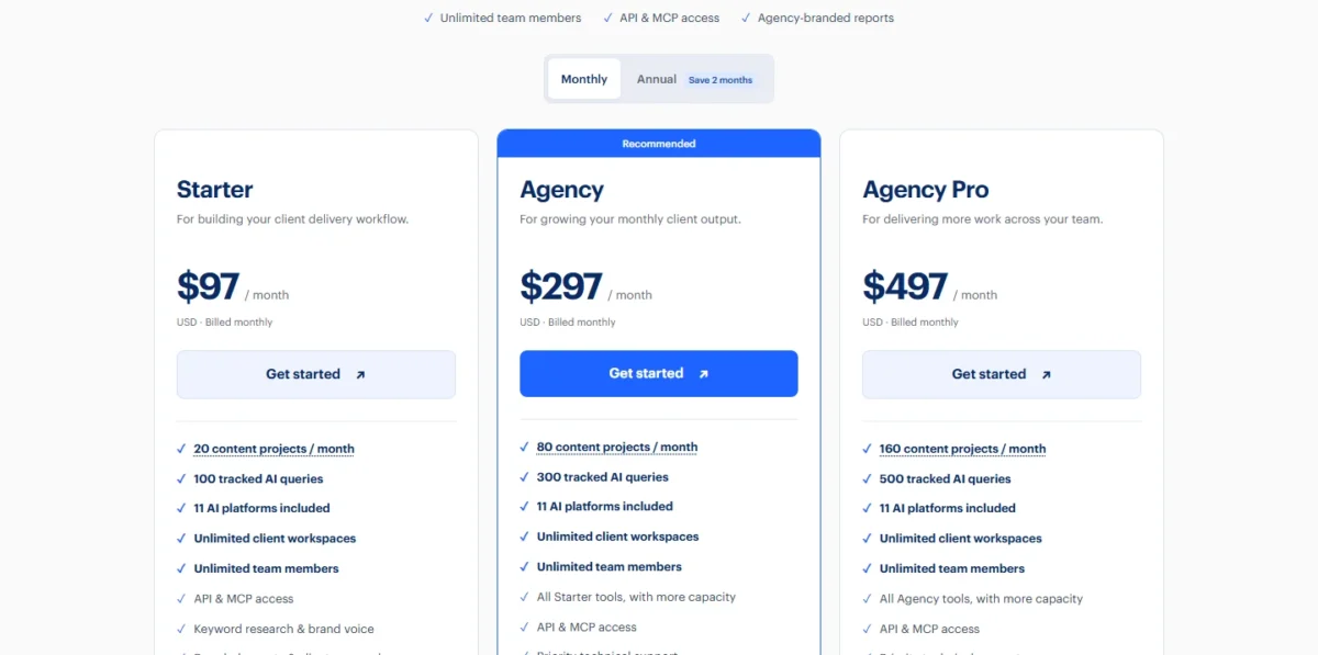 Rankability pricing page with Starter, Agency and Agency Pro plans billed monthly