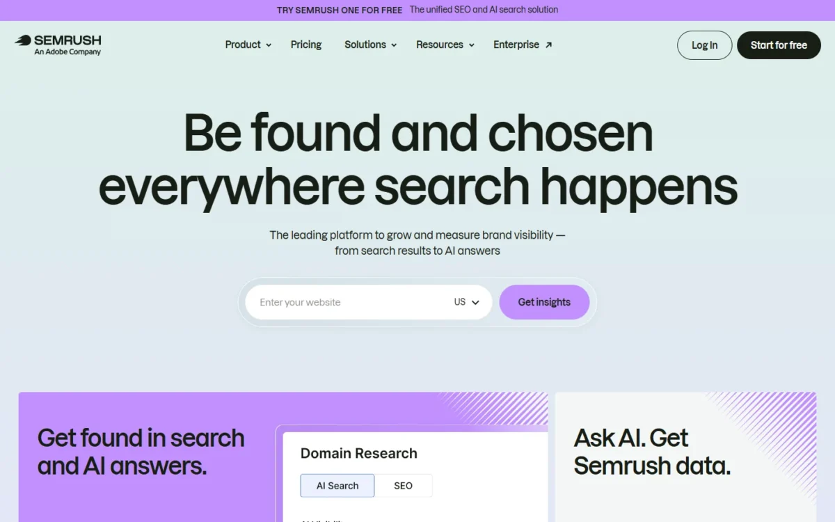 Semrush homepage, first screen
