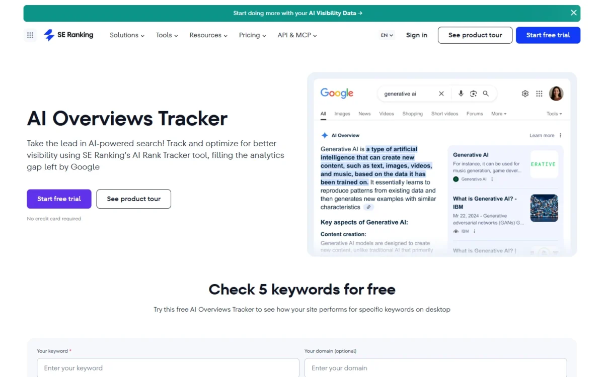 SE Ranking AI Overviews Tracker page with an AI Overview example