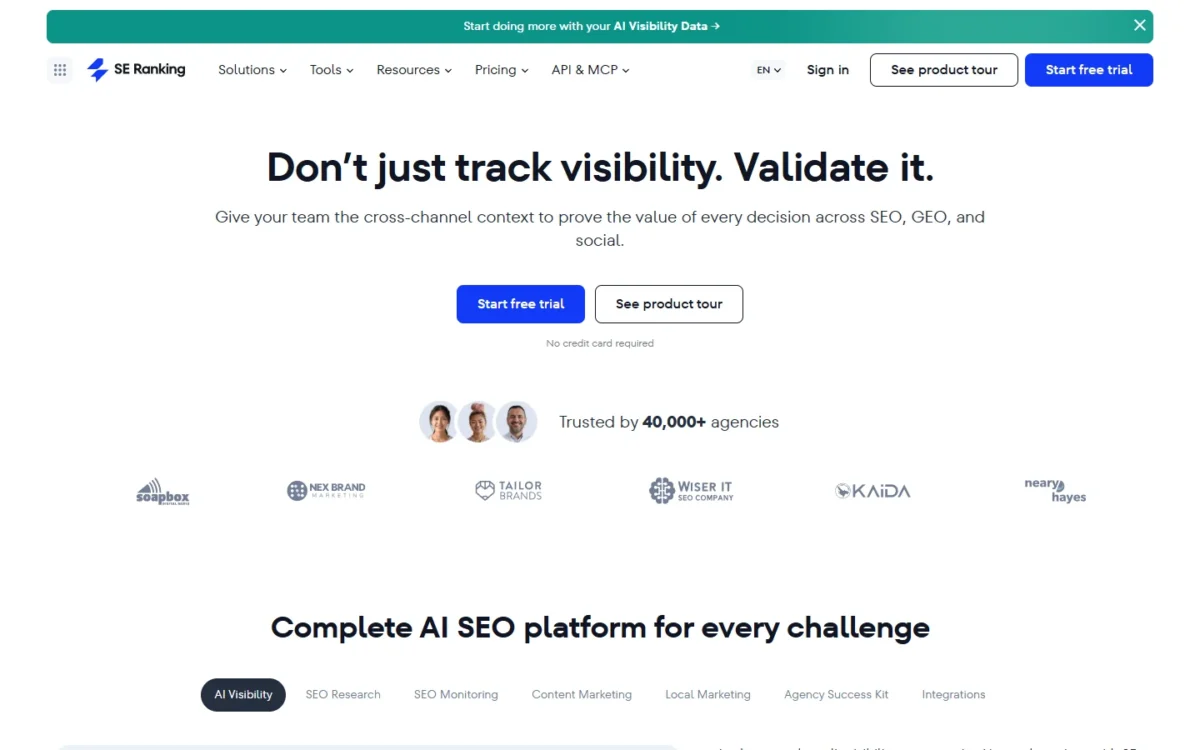 SE Ranking homepage, first screen