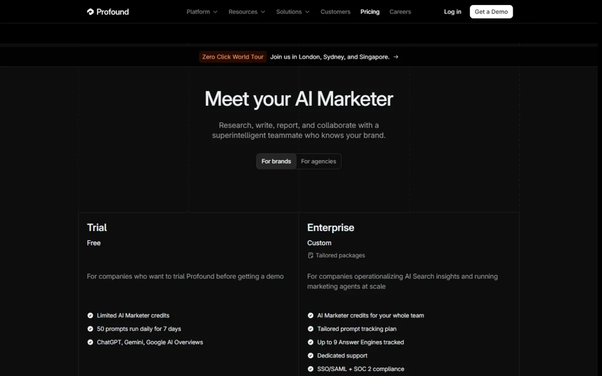 Profound pricing page with the free Trial and the custom Enterprise plan