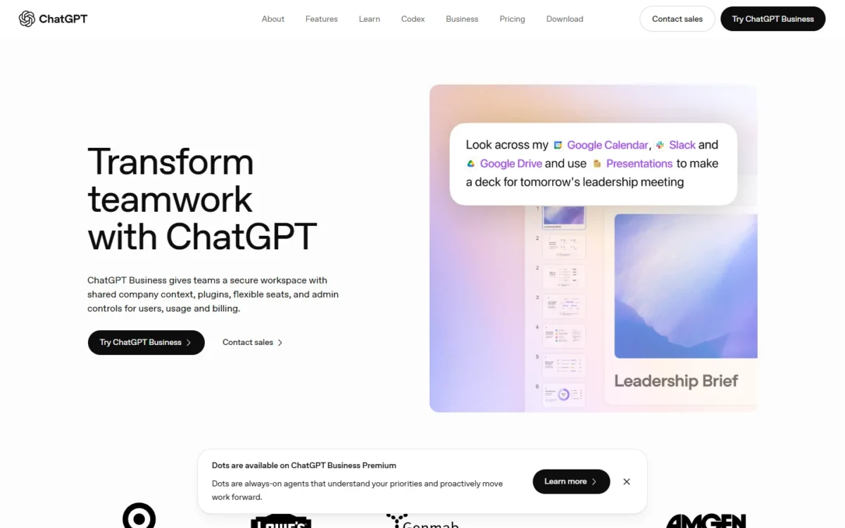 ChatGPT Business page showing a shared workspace that looks across Google Calendar, Slack and Google Drive