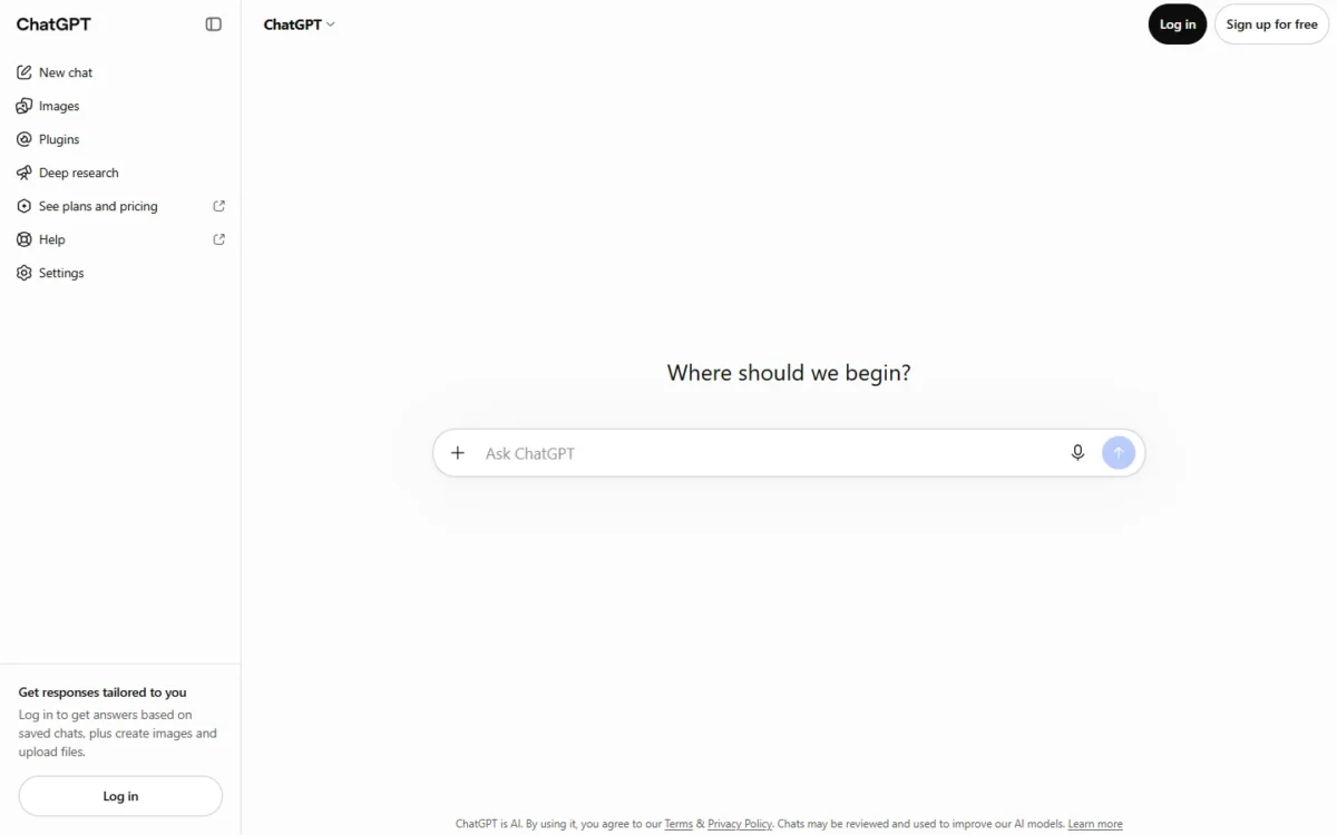 ChatGPT homepage, first screen