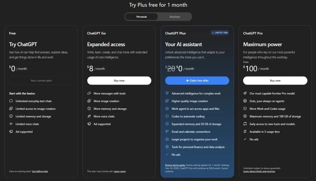 ChatGPT pricing page, Personal tab, with the Free, Go, Plus and Pro plan cards