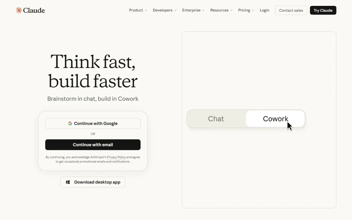 Claude homepage, first screen