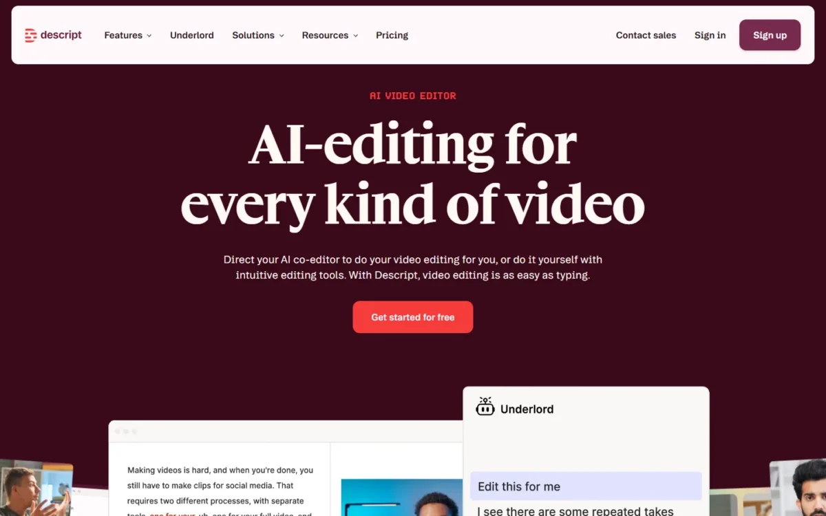 Descript homepage, first screen