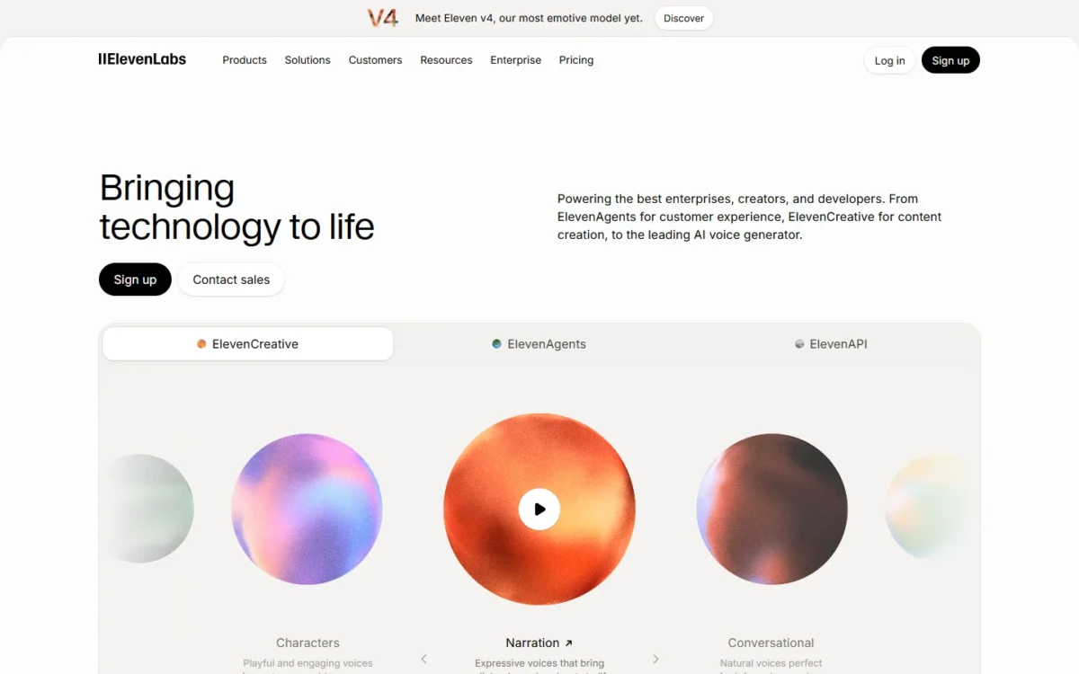 ElevenLabs homepage, first screen