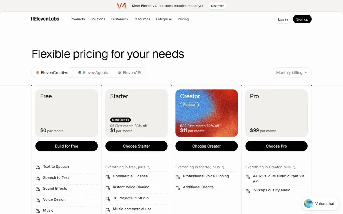 ElevenLabs pricing page with Free, Starter, Creator and Pro plan cards and first-month promotions on Starter and Creator