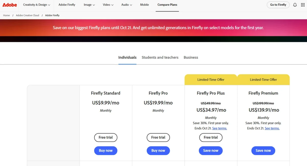 Adobe Firefly pricing page