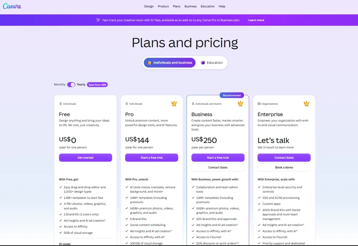 Canva pricing page