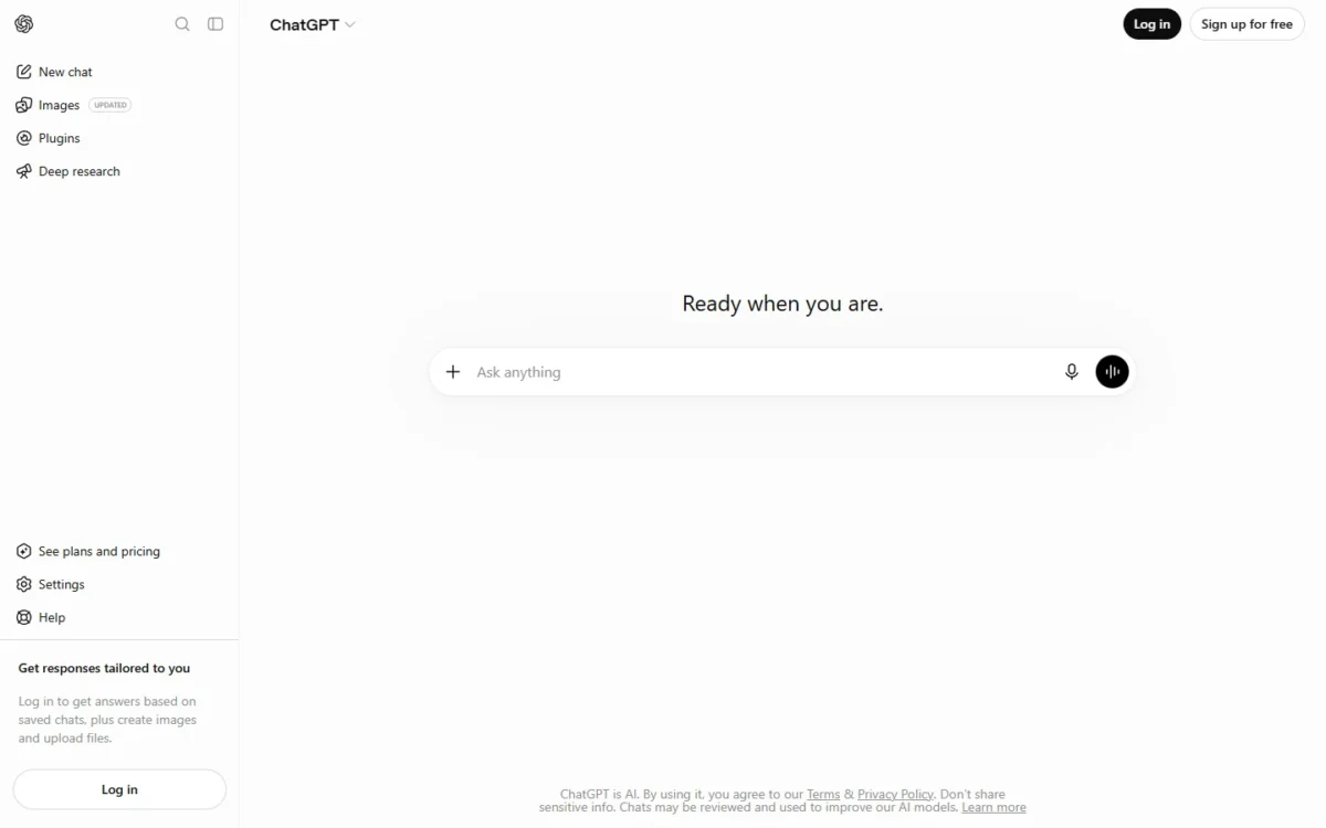 ChatGPT web app with Images and Deep research in the sidebar