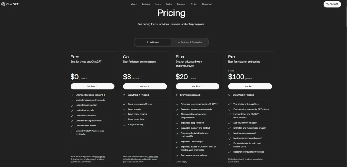 ChatGPT pricing page comparing Free, Go, Plus and Pro, with Plus at $20 a month