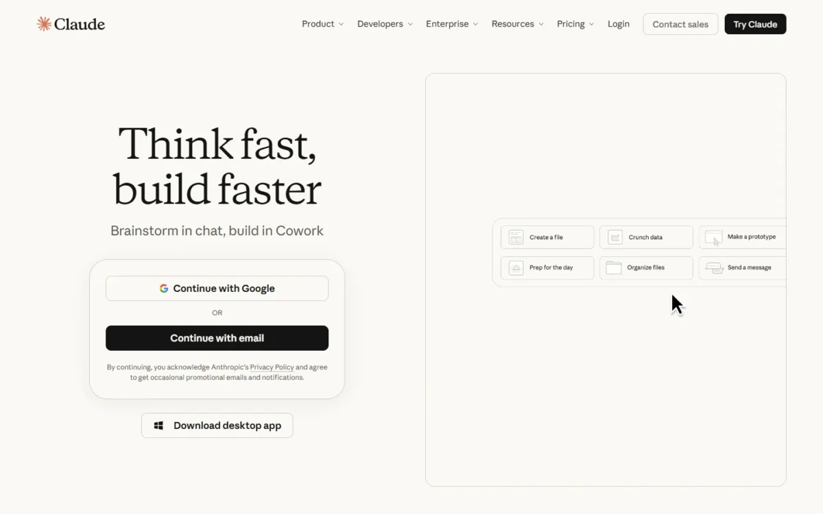 Claude homepage, first screen