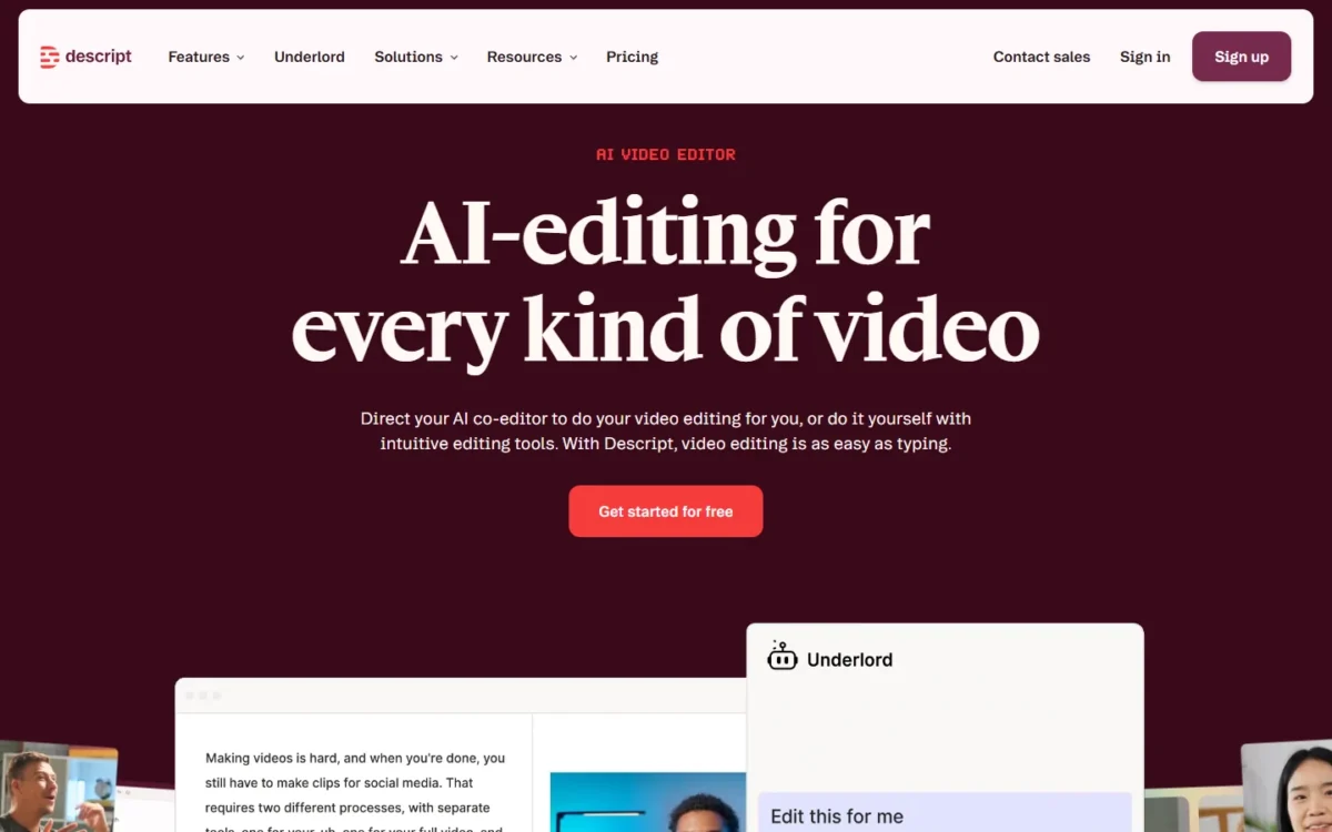 Descript homepage, first screen