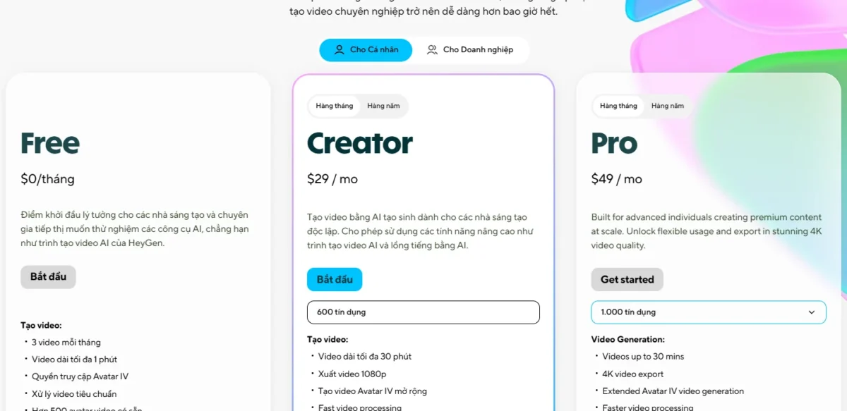 HeyGen pricing page showing Free at $0, Creator at $29 and Pro at $49 a month, with some labels in Vietnamese