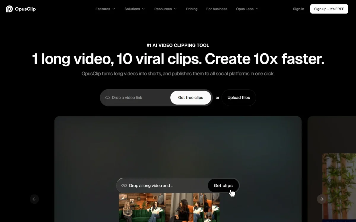 OpusClip homepage, first screen