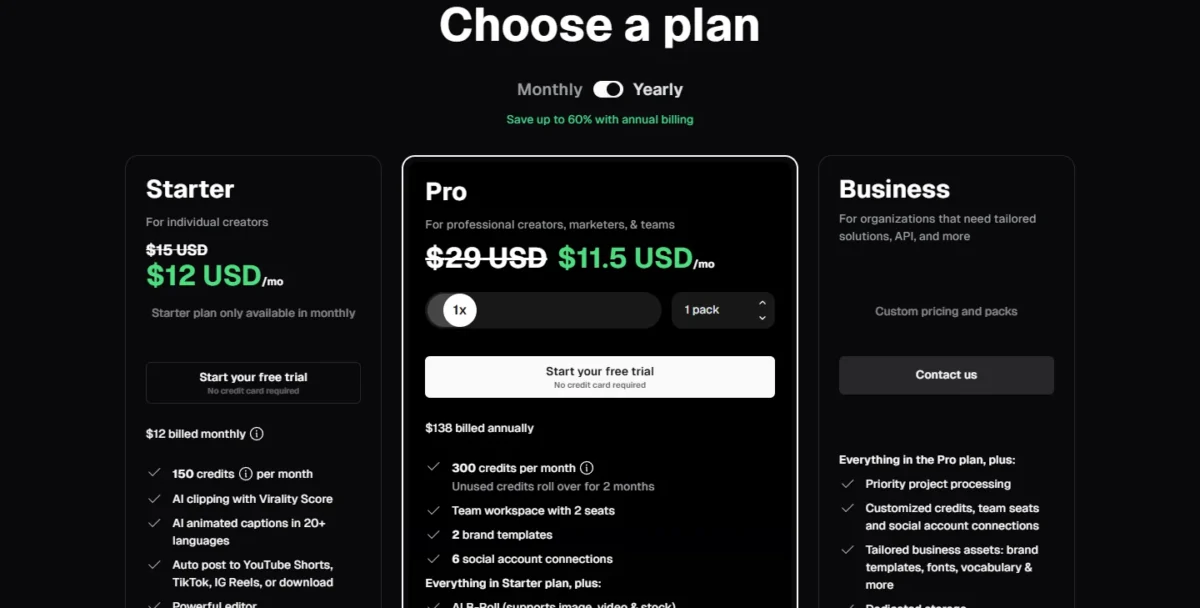 OpusClip pricing page with yearly billing: Starter $12 beside a crossed-out $15, Pro $11.5 a month beside a crossed-out $29, Business custom