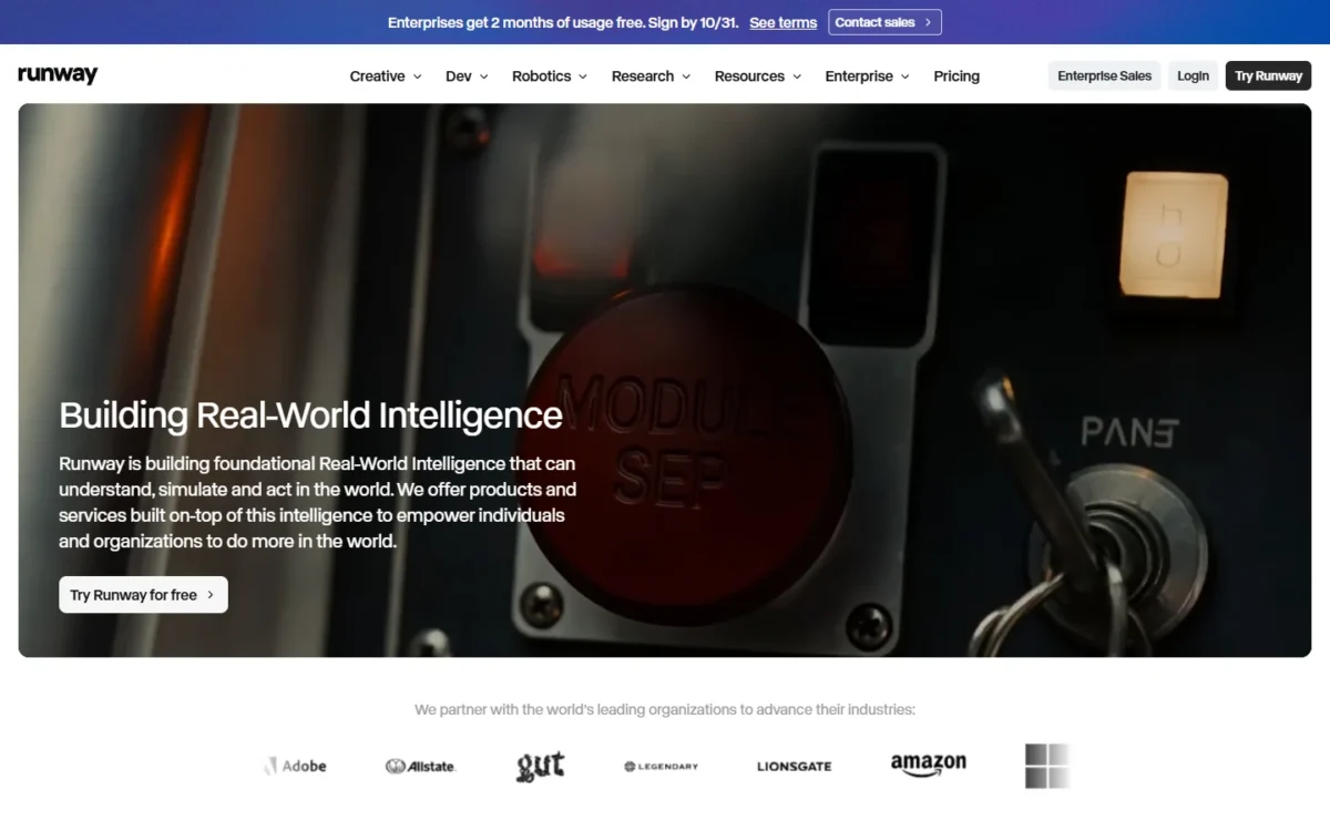 Runway homepage, first screen