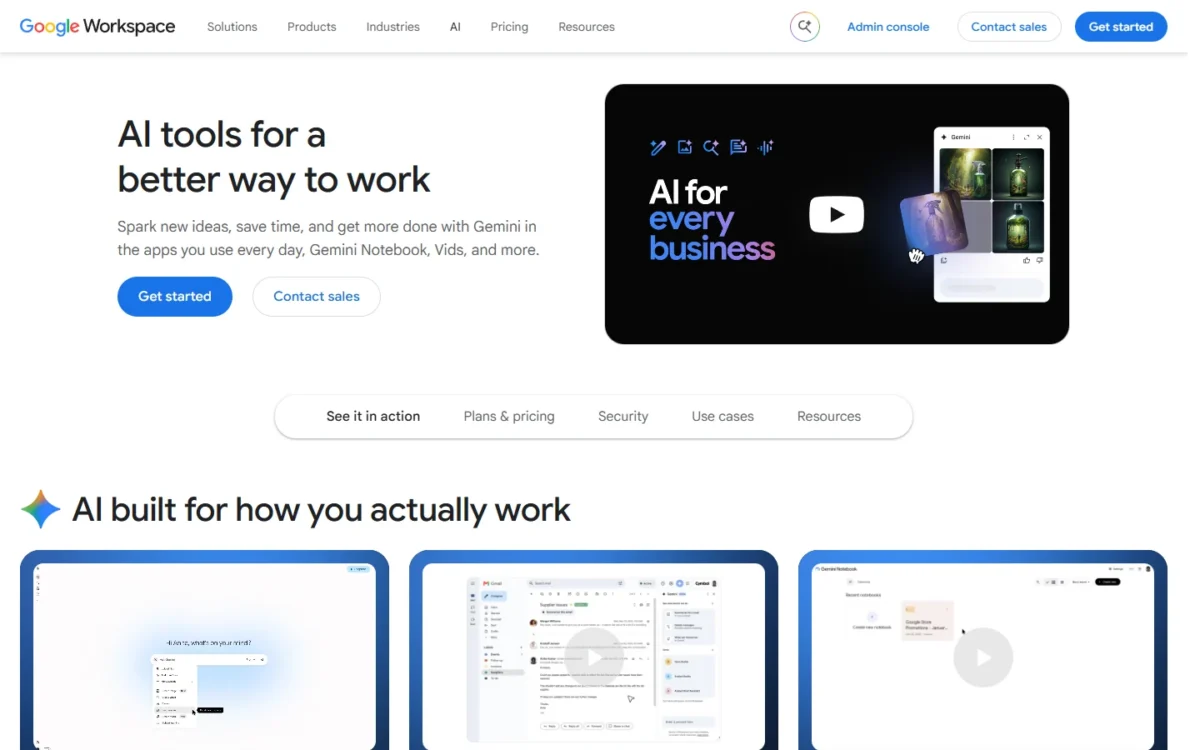 Google Workspace AI page presenting Gemini in everyday apps, first screen