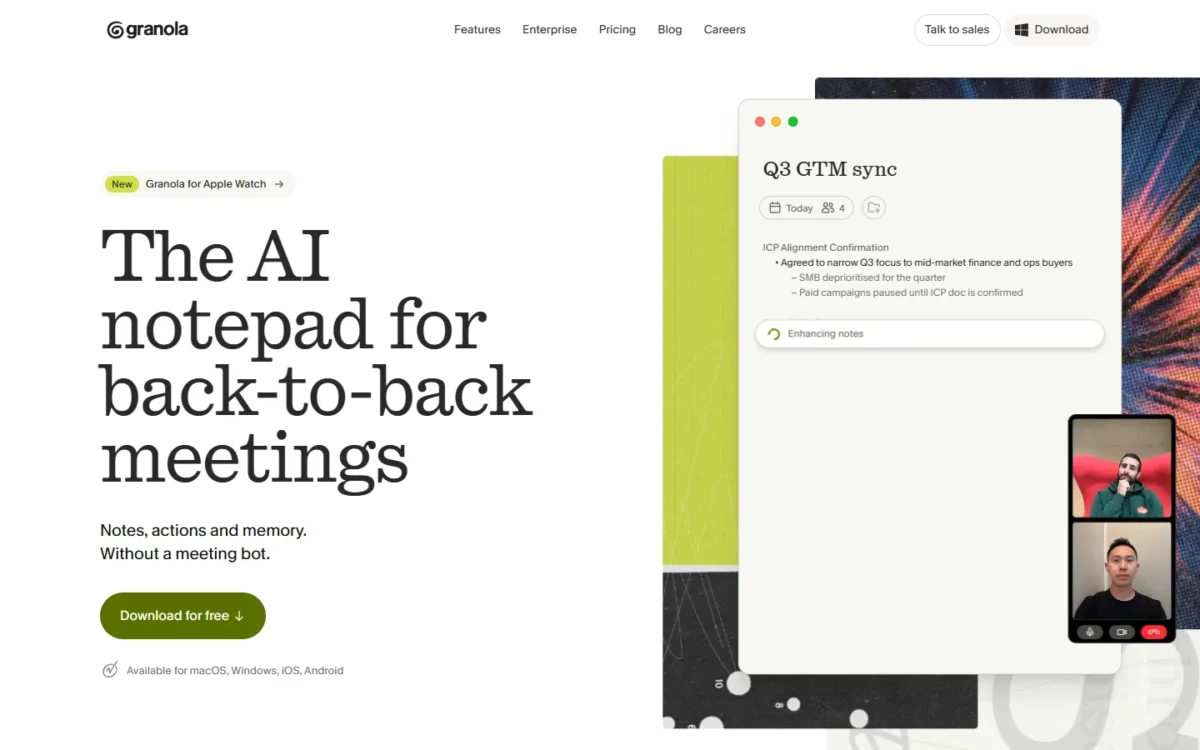 Granola homepage, first screen