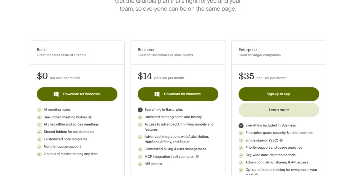 Granola pricing page, plans and prices