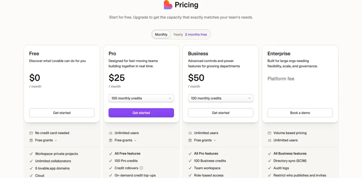 Lovable pricing page, plans and prices