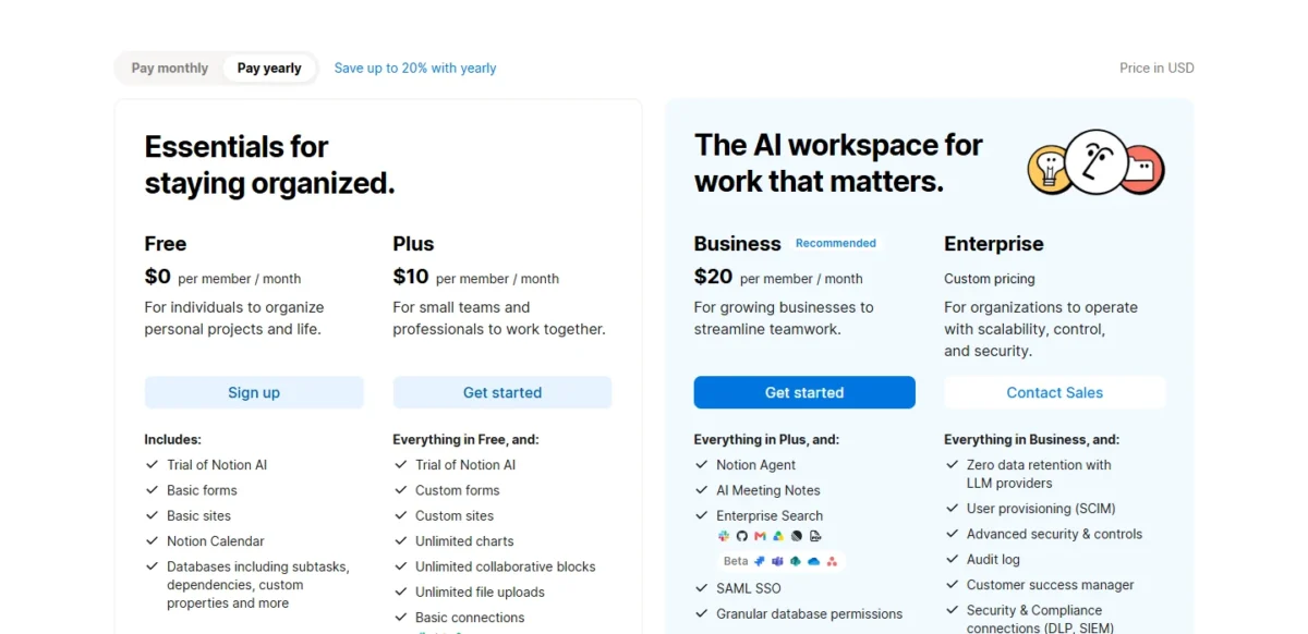 Notion pricing page, plans and prices