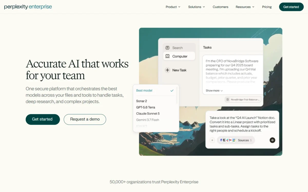 Perplexity Enterprise page with model selection and a task panel