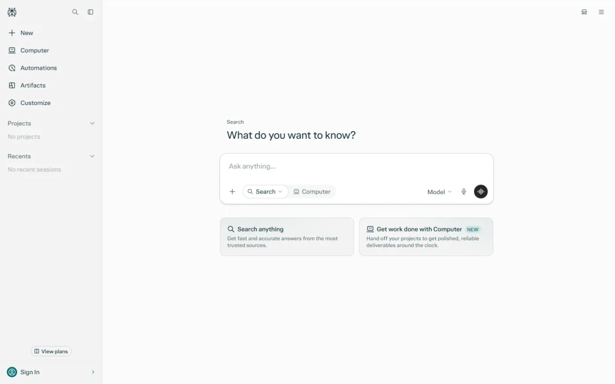 Perplexity homepage, first screen