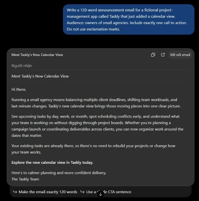 ChatGPT answer to the Taskly announcement email brief in an email draft card, with follow-up suggestions below it