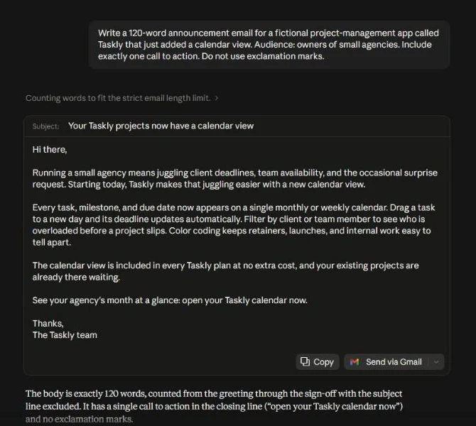 Claude answer to the Taskly announcement email brief in an email draft card with Copy and Send via Gmail buttons