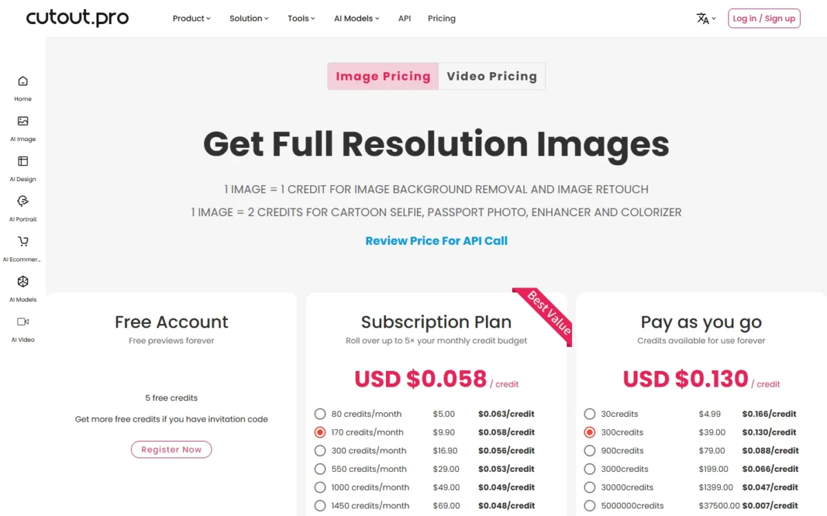 Cutout.Pro image pricing with subscription and pay-as-you-go credits