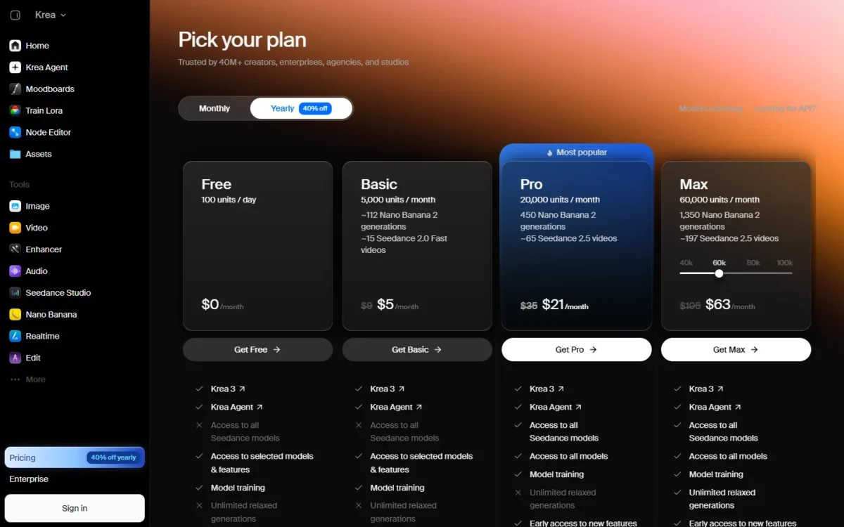 Krea pricing page
