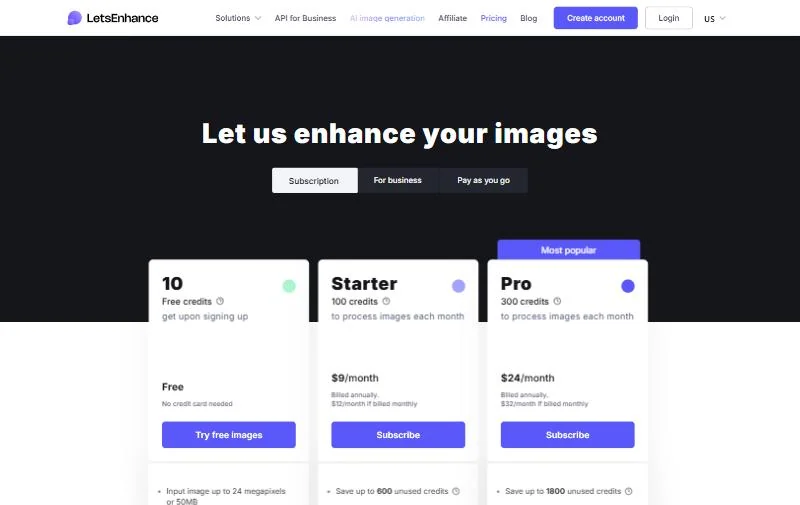 Let's Enhance pricing page