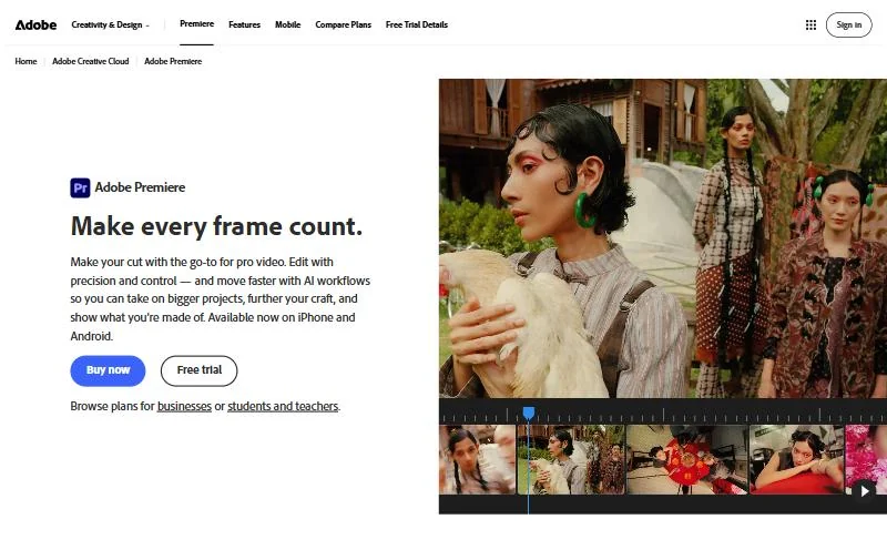 Adobe Premiere homepage