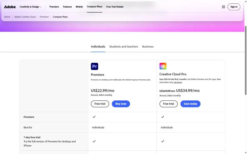 Adobe Premiere pricing page