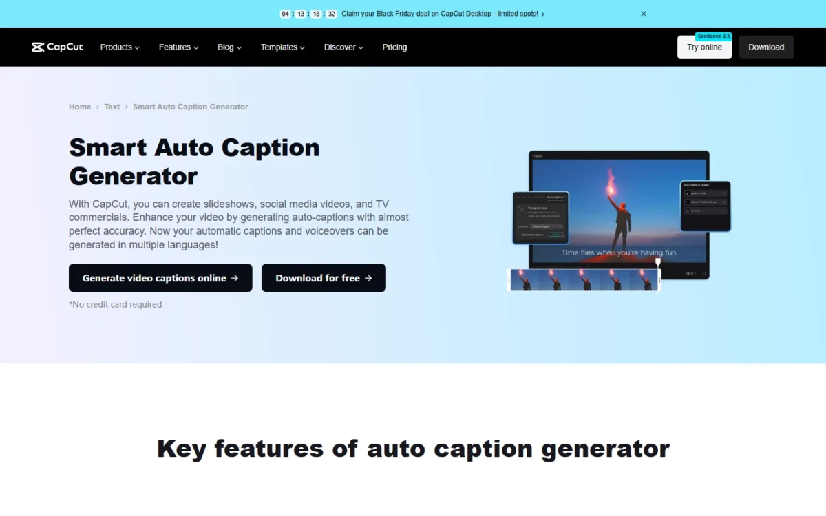 CapCut Smart Auto Caption Generator page, first screen
